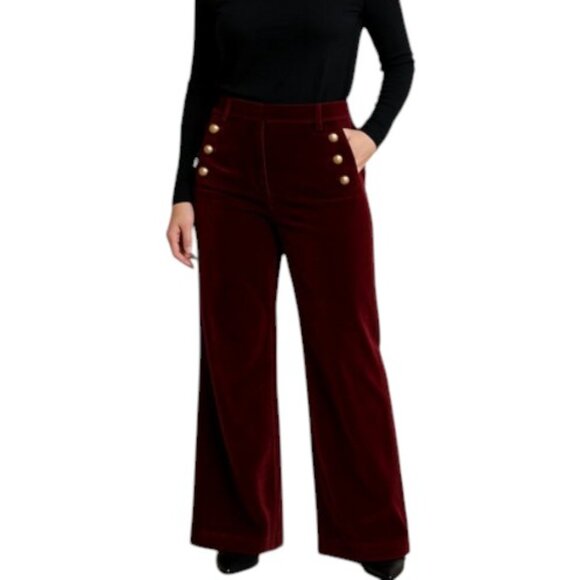 Maison D' Amelie Burgundy Velvet Velour Flared Leg Sailor Pants Trousers - Picture 1 of 6
